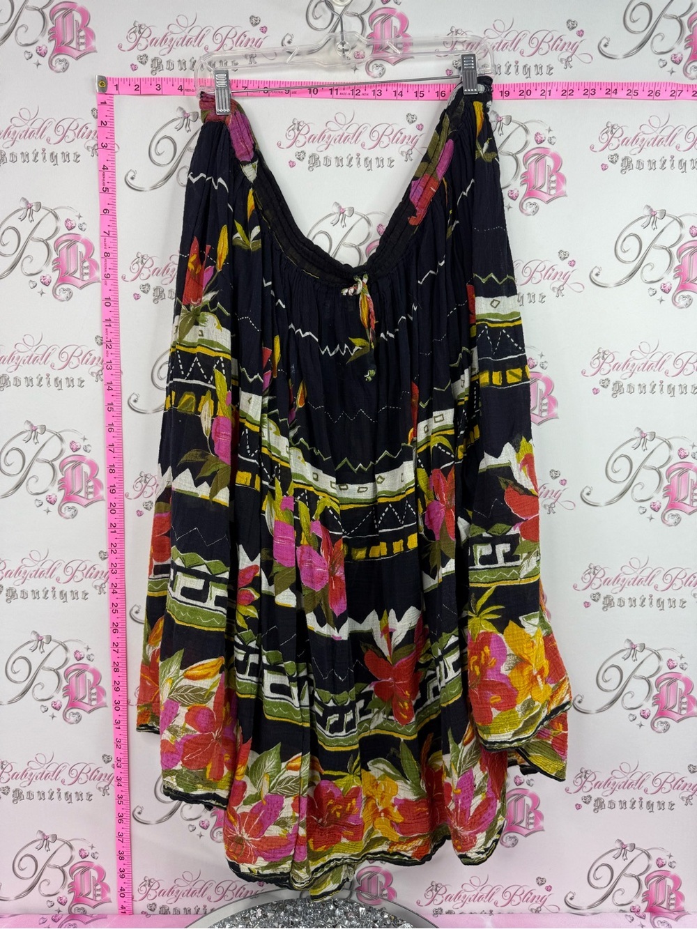 Papillon Blanc Black Floral Midi Skirt with Pink & Yellow Blooms